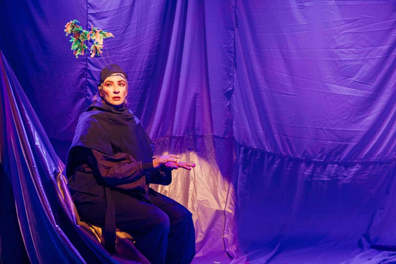 Jo Randerson, seated pm a chair on stage, performing "Speed is Emotional" 